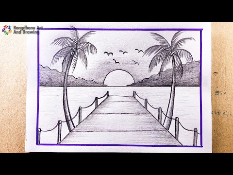 Easy Sunset Scenery Drawing with Pencil | Step by Step Landscape Sketch Tutorial