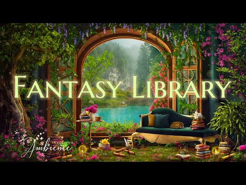 Fantasy Summer Forest Library ASMR Ambience 🌳✨🌲 Lake Sounds, Light Rain, Crackling Fire, Book Sounds