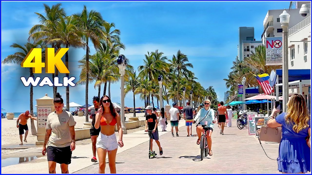Immersive street-level walking tour through Hollywood Beach, United States, showcasing authentic urban landscapes, local architecture, and the vibrant atmosphere of the city's neighborhoods