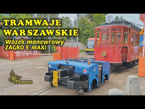 Wózek manewrowy ZAGRO E-MAXI przetacza tramwaj silnikowy typ A. Tramwaje Warszawskie