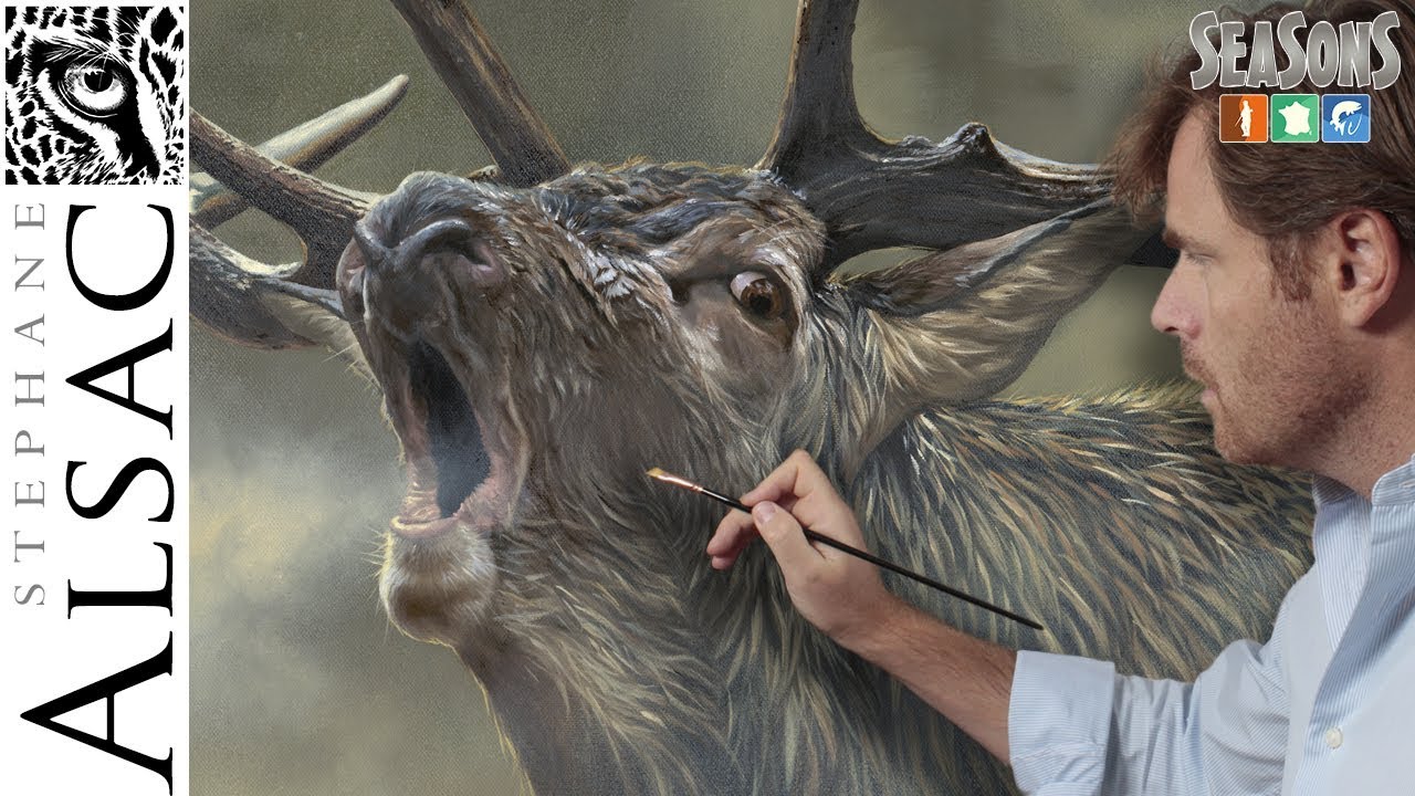 Peinture à l'huile d'un cerf au brame - Du dessin à la signature