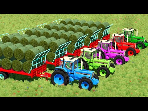 LOAD & HARVESTING & MAKE GRASS BALES WITH COLOURED JOHN DEERE TRACTORS - Farming Simulator 22