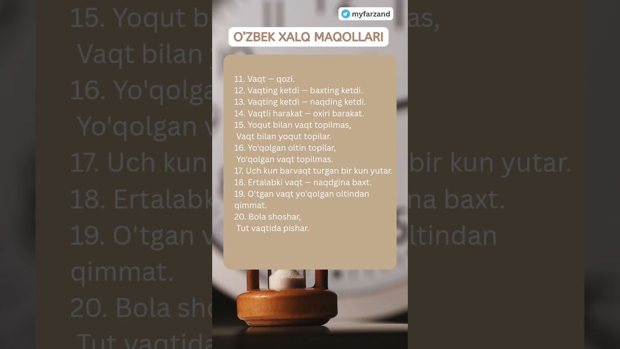 Maqollar vaqt qadri haqida, o'zbekcha maqol va hikmatli so'zlar to'plami