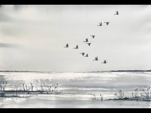 Winter Marsh and Migrating Geese, Beautiful Wintery Landscape Tutorial with Goose Flight
