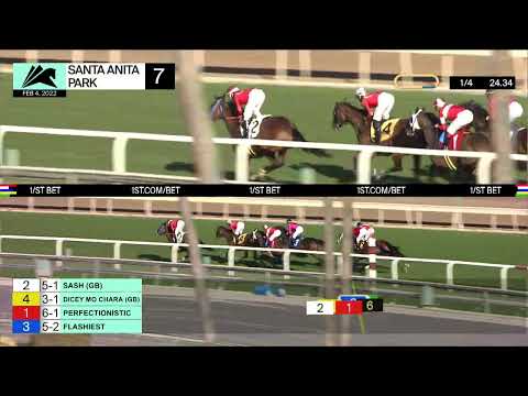 Dicey Mo Chara wins Race 7 on Friday, February 4, 2022 at Santa Anita Park.