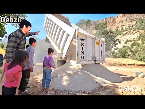 The efforts of Mr. Qurban and the children to build a house, helping the driver bring sand