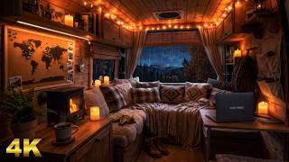 Autumn Rain & Thunderstorm in a Cozy Camper Van | Relaxing Rain on Roof & Warm Fireplace 🌧️🍂