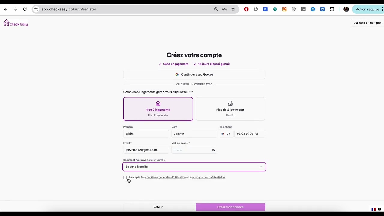 Créer un compte sur Check Easy