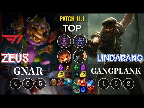 T1 Zeus Gnar vs Lindarang Gangplank Top - KR Patch 11.1