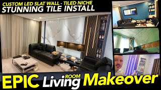 🔥EPIC DIY Living Room Makeover Reno! Custom LED Wall, Tiled Niche & Stunning Tile Install