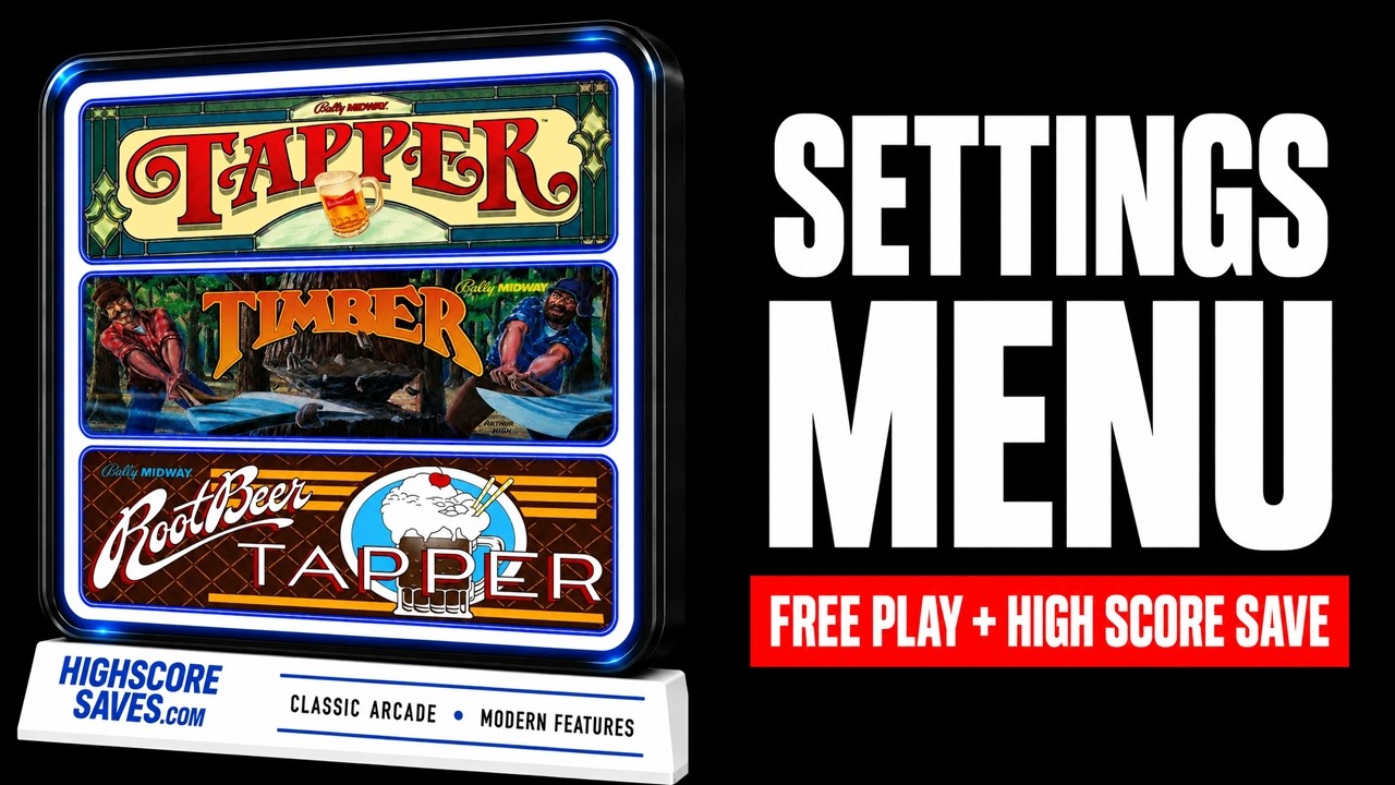 Tapper Multigame Free Play and High Score Save Kit settings menu video preview