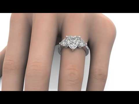 4.54 tcw Heart Cut 3 Stone Round Vintage Engagement Ring Solid 14k White Gold on a finger