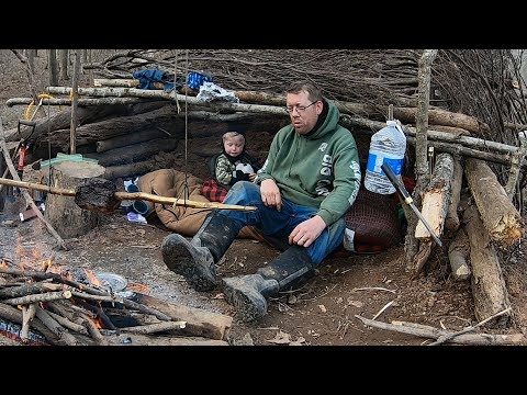 Survival Camping with 3 Yr Old - Building Survival Shelter with Shovel
