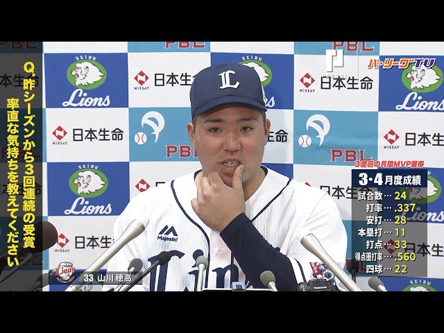 ライオンズ・山川選手 3,4月度月間MVP記者会見