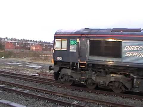 DRS class 66 No. 66421 fires up at York with DRS class 37 No. 37607 idling in background 24.11.10.