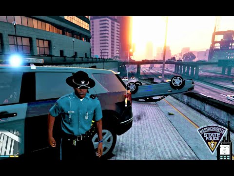 LSPDFR GTA5 MASSACHUSETTS STATE POLICE- TROOPER TRIES TO STOP A KAREN FOR SPEEDING-SUSPECT CRASHES.