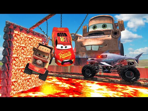 BIG TOW MATER AND POOR LIGHTNING MCQUEEN VS ANGRY MONSTER SHARK 😥