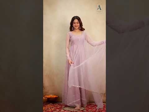 Lavender Soft Organza Hand-Embroidered Gown Set with Full Sleeves, Cotton Lining, Micro Cotton Pants & Matching Dupatta