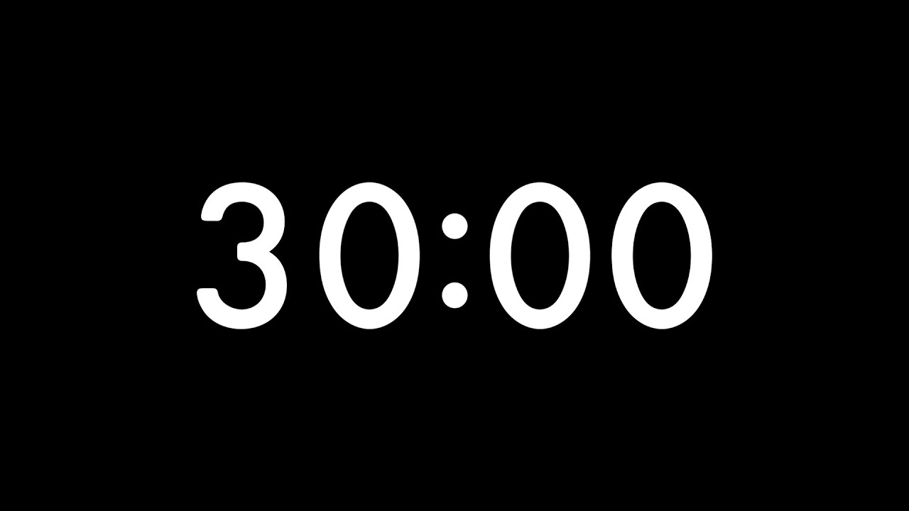 30 minute silent countdown timer with white numbers on black background | Gentle alarm at the end