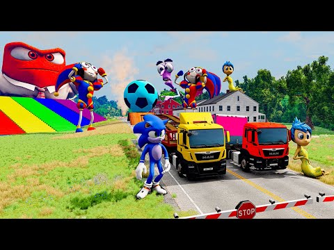 Double Flatbed Trailer Truck vs Speedbumps with MONSTERS Big & Small Cars with ANGRY | BeamNG.Drive