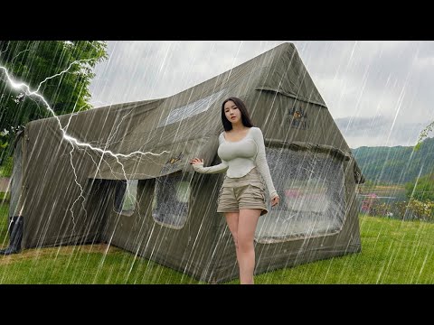 Camping in Heavy Rain☔️with 2-Room Inflatable Tent⚡️ Rain & Thunderstorms ASMR