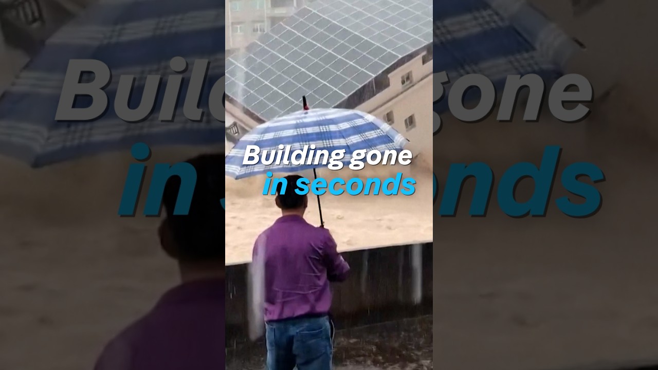 Building collapses in seconds as Typhoon Saudel floods southern China
