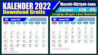 Kalender 2022 Lengkap dengan Tanggal Merah Masehi, Hijriyah, Jawa - Download format CDR - Template