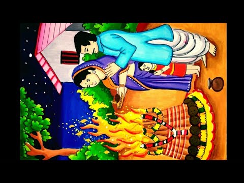 Holika Dahan/ family doing Holika Dahan puja/ easy holika Dahan drawing/ Holi special painting