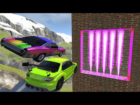 Crazy Vehicle High Speed Jumping Through Purple Fire Wall In Green Slime Pool - BeamNG drive Jumps