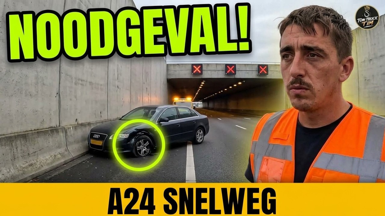 Tunnel dicht voor gestrande Honda + bizar zwaar busje met lekke band!
