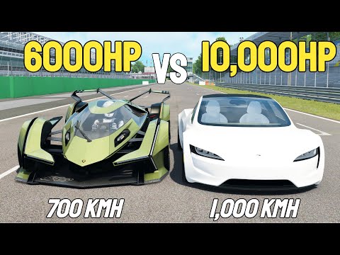 10,000HP Tesla Roadster VS 6000HP Lamborghini Vision GT RACE