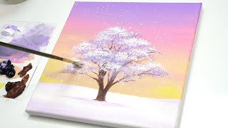 How To Paint a Snowy Tree and a Pastel Sunset | Acrylic Painting on Canvas