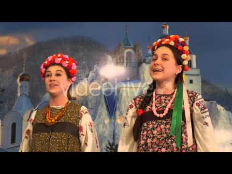 Women in National Clothes Are Singing at Lavra Holy Mountains Women Girls Christmas Songs and