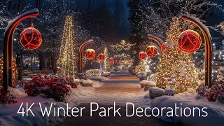 4k Winter Park Background Decorations and Snowing - Winter Collection