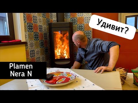 Обновленная печь Plamen Nera N с дымоходом через стену. Яркая плитка в отделке