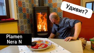 Обновленная печь Plamen Nera N с дымоходом через стену. Яркая плитка в отделке