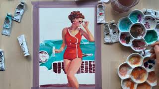 Designers Gouache - Vintage Car & Girl