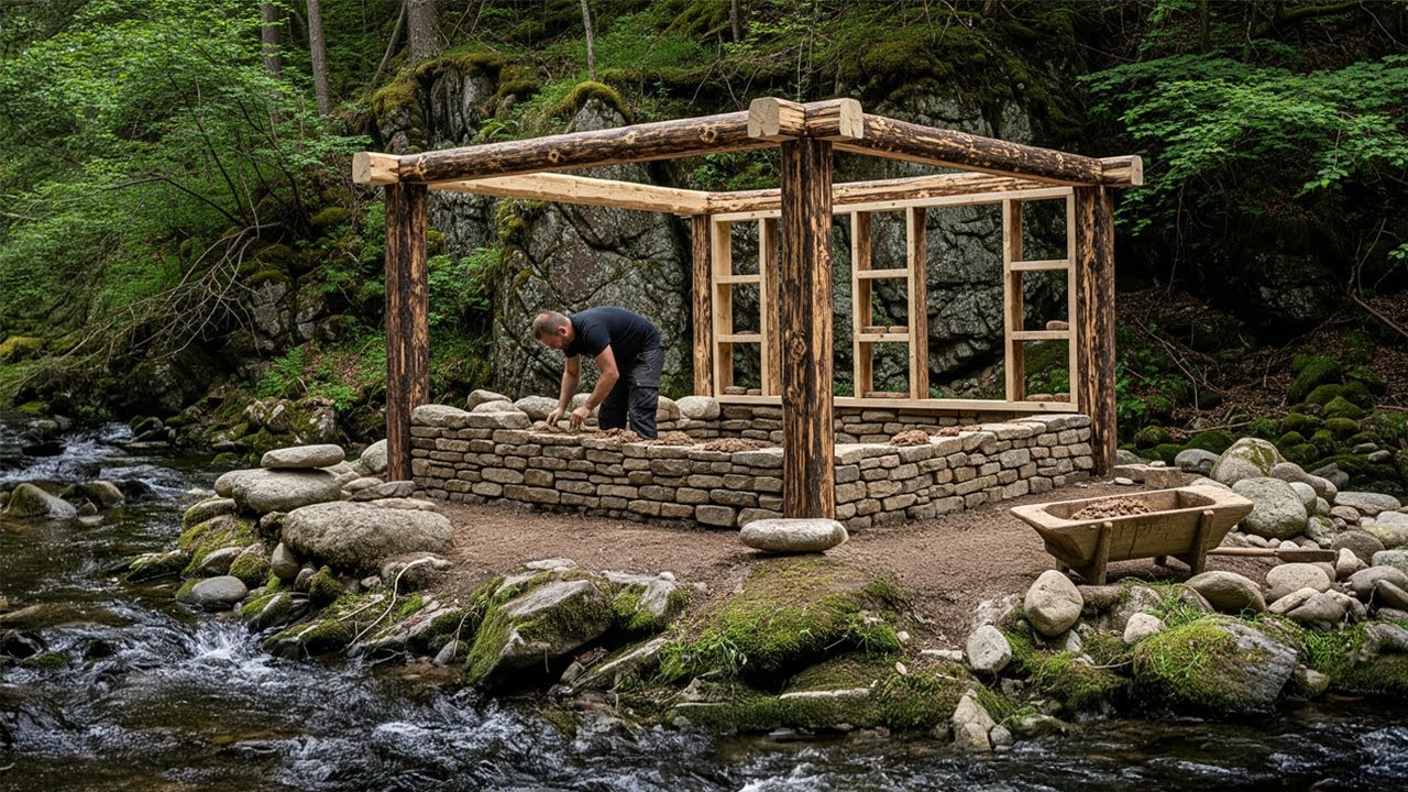 I Built a Complete Stone House by the Stream to Survive in Nature. Bushcraft, Catch and Cook