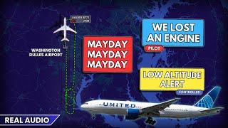 Airplane Loses Engine on takeoff. United Boeing 777 declares MAYDAY at Dulles Airport. Real ATC