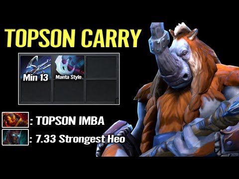 Topson's New Mid with 7.33 imba item HOOK - Deleted all lanes with Harpoon at minute 13.