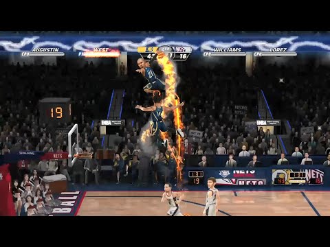Breaking shattering the backboard in NBA JAM On Fire Edition. Pacers vs Nets. Over the top dunk.