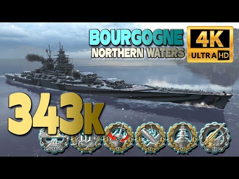 Battleship Bourgogne on map Northern Waters, 343k damage - World of Warships