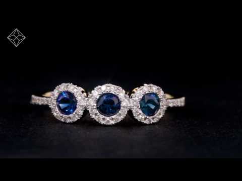 Sapphire and Diamond Halo Trilogy Asteria Ring in 18K White Gold Version - FT88-UY