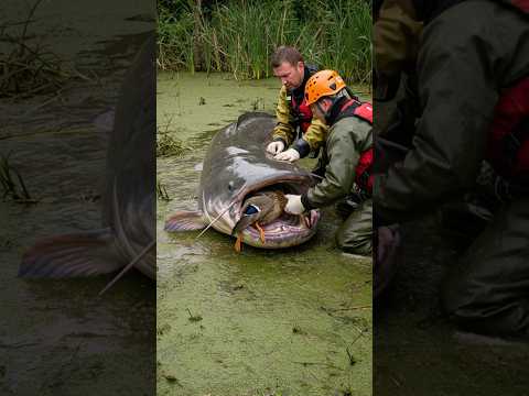 Rescuing a wild duck from a giant catfish