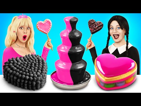 Barbie vs Wednesday Addams Food Challenge! Only Pink vs Black Color for 24 Hours by YUMMY JELLY