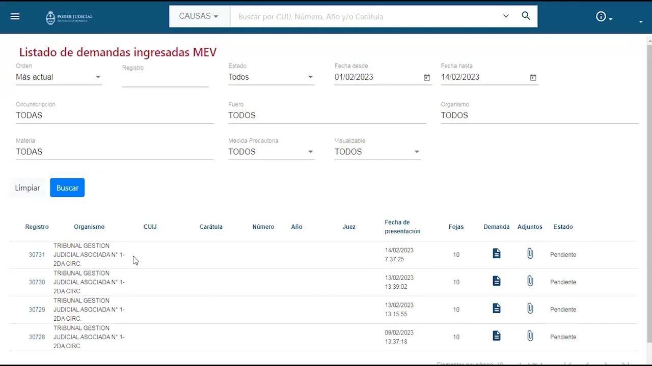 IURIX. PORTAL DE GESTION DE CAUSAS JUDICIALES. DESCARGA DE DEMANDAS.