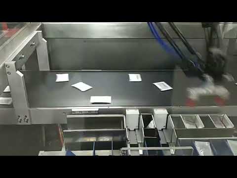 High speed pharmaceutical sachets packaging with delta robots.