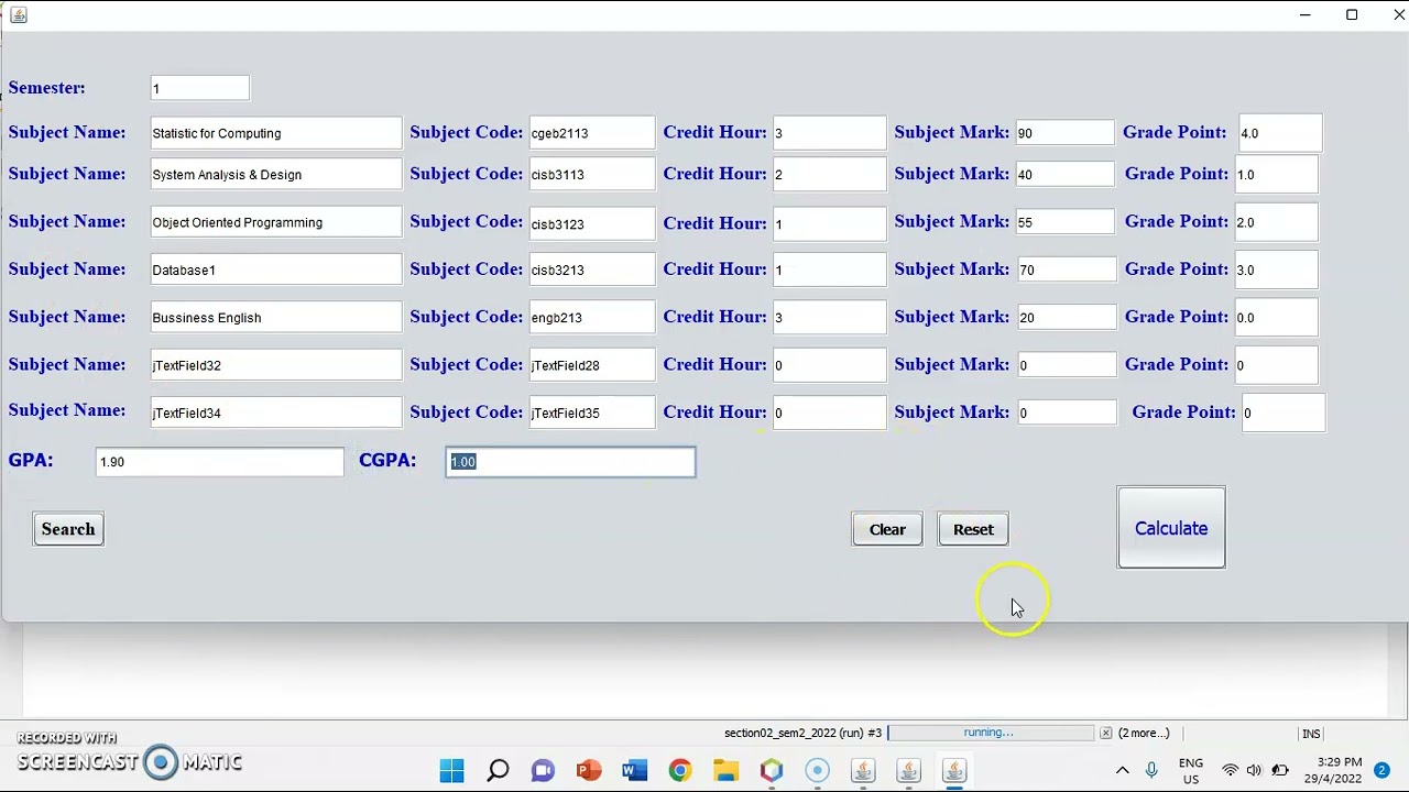 DEMO CALCULATE GPA & CGPA USING THE JAVA NETBEAN