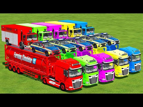 LOAD & TRANSPORT FIRE BRIGADE MACK & POLICE MERCEDES WITH DAF TRUCKS! Farming Simulator 22