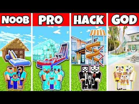 Minecraft: FAMILY WATER SLIDE HOUSE BUILD CHALLENGE - NOOB vs PRO vs HACKER vs GOD in Minecraft